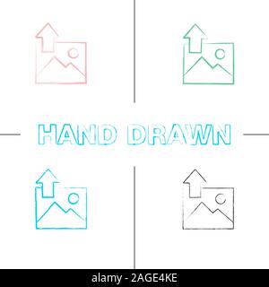 Digital image uploading hand drawn icons set. Picture with up arrow. Color brush stroke. Isolated vector sketchy illustrations Stock Vector