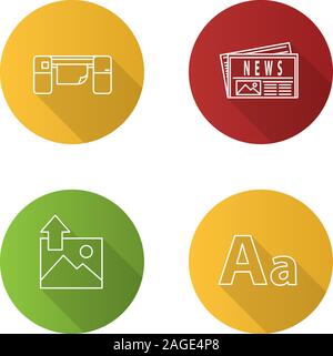 Printing flat linear long shadow icons set. Polygraphy and typography. Large format printer, newspaper, image uploading, font. Vector outline illustra Stock Vector