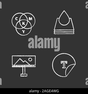 Printing chalk icons set. Polygraphy and typography. CMYK color circle model, paint drop and paper, billboard, round sticker. Isolated vector chalkboa Stock Vector