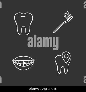 Dentistry chalk icons set. Stomatology. Healthy tooth, dental clinic location, broken tooth, toothbrush and toothpaste. Isolated vector chalkboard ill Stock Vector