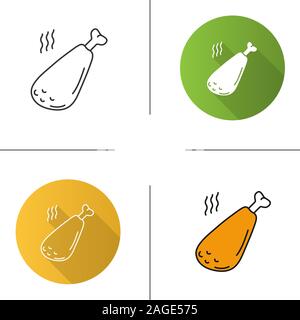 Hot fried chicken leg icon. Flat design, linear and color styles. Grilled turkey drumstick. Isolated vector illustrations Stock Vector