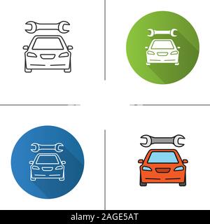 Car with spanner icon. Flat design, linear and color styles. Auto workshop. Repair service. Isolated vector illustrations Stock Vector