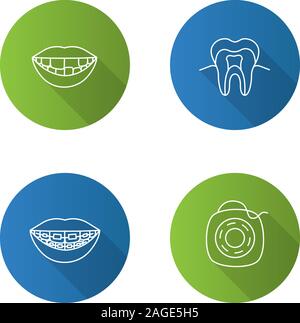 Dentistry flat linear long shadow icons set. Stomatology. Missing tooth, teeth structure, braces, dental floss. Vector outline illustration Stock Vector
