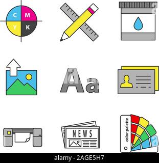 Printing color icons set. Cmyk color model, pencil and ruler, cartridge ink, image uploading, font, business card, large format printer, newspaper, co Stock Vector