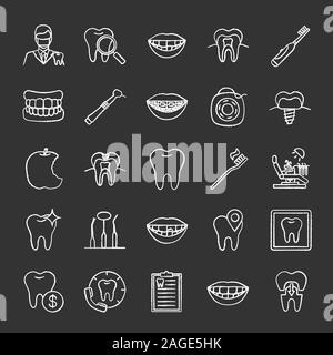 Dentistry chalk icons set. Stomatology. Dental clinic services, instruments, teeth hygiene, problems. Isolated vector chalkboard illustrations Stock Vector
