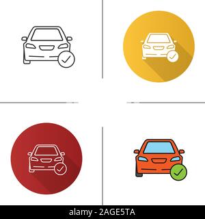 Car with check mark icon. Flat design, linear and color styles. Total automobile check. Isolated vector illustrations Stock Vector