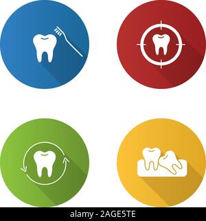 Dentistry flat design long shadow glyph icons set. Stomatology. Teeth brushing, aim on tooth, dental restoration, crooked teeth. Vector silhouette ill Stock Vector