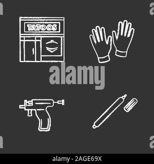 Tattoo studio chalk icons set. Piercing service. Tattoo parlour exterior, medical gloves, piercing gun, highlighter. Isolated vector chalkboard illust Stock Vector