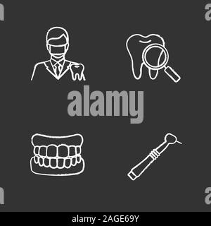 Dentistry chalk icons set. Stomatology. Dentist, teeth check, denture, dental drill. Isolated vector chalkboard illustrations Stock Vector