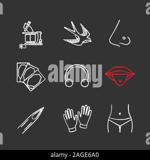 Tattoo studio chalk icons set. Tattoo machine, swallow, pierced nose and tongue, repair sticker, half hoop ring, needle tip, medical gloves, navel pie Stock Vector