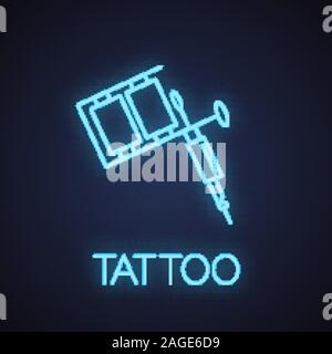 Tattoo machine neon light icon. Tattoo gun. Glowing sign. Vector isolated illustration Stock Vector