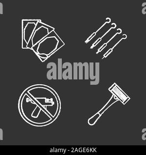 Tattoo studio chalk icons set. Piercing service. Medical plaster, tattoo needles, piercing gun prohibition, razor. Isolated vector chalkboard illustra Stock Vector