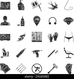 Tattoo studio glyph icons set. Piercing service. Tattoo sketches, instruments and equipment. Silhouette symbols. Vector isolated illustration Stock Vector