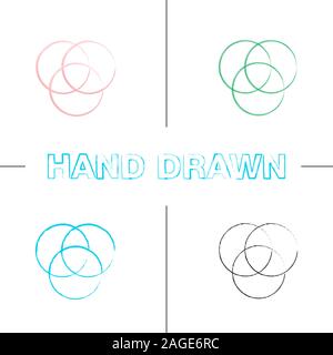 CMYK or RGB color circles hand drawn icons set. Color brush stroke. Venn diagram. Overlapping circles. Isolated vector sketchy illustrations Stock Vector