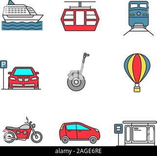 Public transport color icons set. Modes of transport. Cruise ship, funicular, train, parking zone, segway, hot air balloon, motorbike, car, bus statio Stock Vector