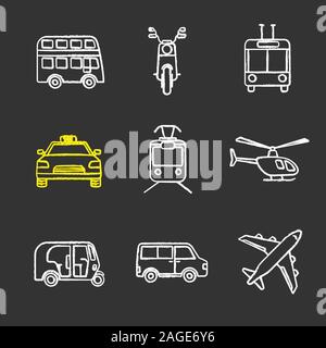 Public transport chalk icons set. Modes of transport. Double decker bus, scooter, trolleybus, taxi, tram, helicopter, auto rickshaw, minivan, airplane Stock Vector