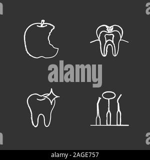 Dentistry chalk icons set. Stomatology. Bitten apple, caries, shining tooth, dental instruments. Isolated vector chalkboard illustrations Stock Vector