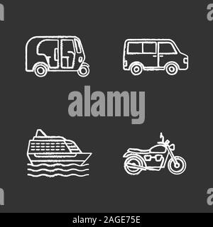Public transport chalk icons set. Modes of transport. Auto rickshaw, minivan, cruise ship, motorbike. Isolated vector chalkboard illustrations Stock Vector