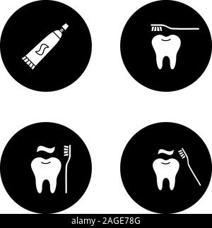 Dentistry glyph icons set. Stomatology. Toothpaste and correct teeth brushing. Vector white silhouettes illustrations in black circles Stock Vector