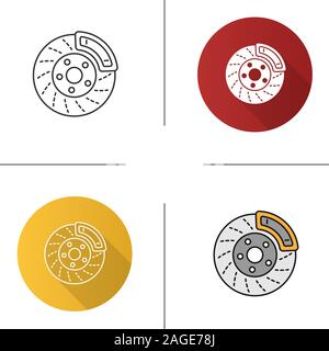 Disc brake with caliper icon. Flat design, linear and color styles. Isolated vector illustrations Stock Vector