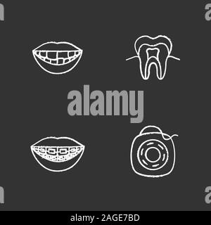 Dentistry chalk icons set. Stomatology. Missing tooth, teeth structure, braces, dental floss. Isolated vector chalkboard illustrations Stock Vector