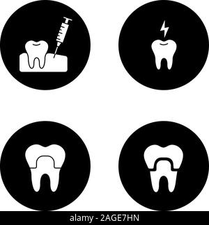 Dentistry glyph icons set. Stomatology. Gum injection, dental crown, toothache. Vector white silhouettes illustrations in black circles Stock Vector