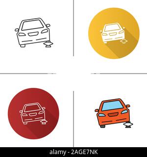 Portable car jack icon. Flat design, linear and color styles. Wheel changing. Broken automobile. Isolated vector illustrations Stock Vector