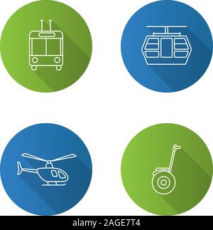 Public transport flat linear long shadow icons set. Modes of transport. Trolleybus, funicular, helicopter, self-balancing scooter. Vector outline illu Stock Vector