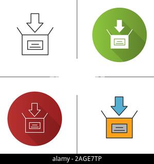 Parcel packing icon. Flat design, linear and color styles. Open box with down arrow. Downloading. Isolated vector illustrations Stock Vector