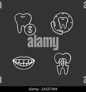 Dentistry chalk icons set. Stomatology. Dental service prices, calling to dentist, tooth crown, beautiful smile. Isolated vector chalkboard illustrati Stock Vector