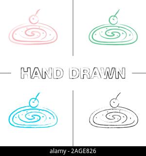 Cherry strudel hand drawn icons set. Color brush stroke. Swiss roll with jam. Isolated vector sketchy illustrations Stock Vector
