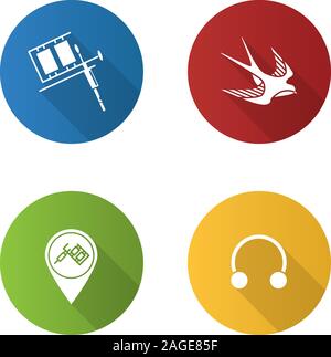 Tattoo studio flat design long shadow glyph icons set. Piercing service. Tattoo machine, swallow sketch, studio location, half hoop earring. Vector si Stock Vector