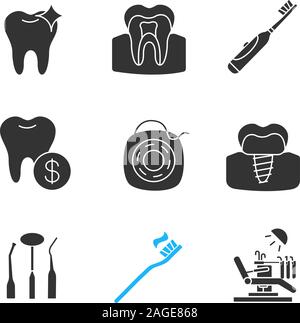 Dentistry glyph icons set. Healthy tooth, electric toothbrush, dental service prices, implant, stomatological instruments, floss, dental chair. Silhou Stock Vector