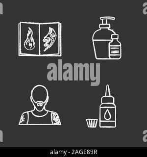 Tattoo studio chalk icons set. Piercing service. Tattoo sketches book, antibacterial liquid, tattooist, ink bottle and cap. Isolated vector chalkboard Stock Vector