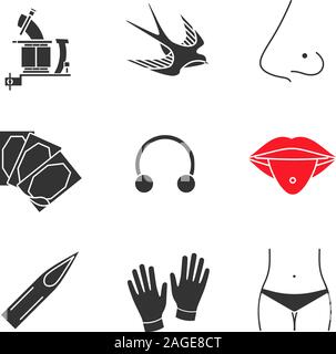 Tattoo studio glyph icons set. Tattoo machine, swallow, pierced nose and tongue, plaster, earring, needle tip, medical gloves, navel piercing. Silhoue Stock Vector