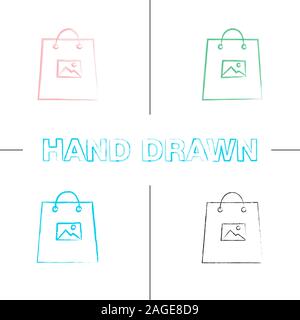 Printing on shopping bags hand drawn icons set. Color brush stroke. Isolated vector sketchy illustrations Stock Vector