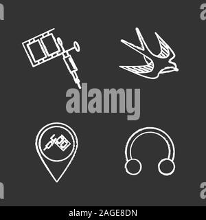 Tattoo studio chalk icons set. Piercing service. Tattoo machine, swallow sketch, studio location, half hoop earring. Isolated vector chalkboard illust Stock Vector