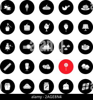 Confectionery glyph icons set. Coffee house menu. Sweets, cakes, hot drinks, desserts. Vector white silhouettes illustrations in black circles Stock Vector