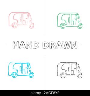 Auto rickshaw hand drawn icons set. Color brush stroke. Tuk tuk. Isolated vector sketchy illustrations Stock Vector