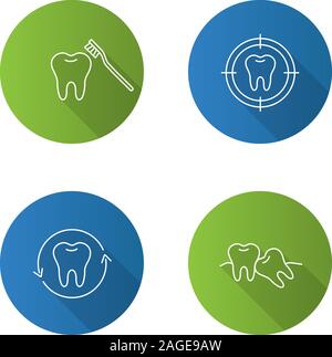 Dentistry flat linear long shadow icons set. Stomatology. Teeth brushing, aim on tooth, dental restoration, crooked teeth. Vector outline illustration Stock Vector