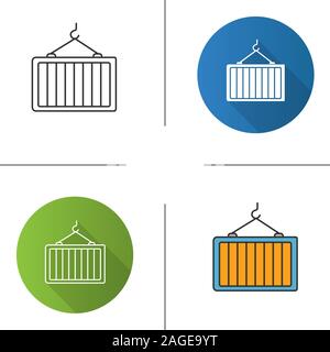 Intermodal container icon. Flat design, linear and color styles. Shipping container on crane hook. Freight loading. Isolated vector illustrations Stock Vector