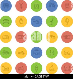 Public transport linear icons set. Thin line outline symbols on color background. Water, land and air vehicles. Modes of transport. Vector illustratio Stock Vector