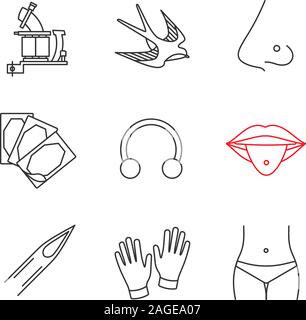 Tattoo studio linear icons set. Tattoo machine, swallow, pierced nose and tongue, plaster, ring, needle, medical gloves, piercing. Thin line contour s Stock Vector