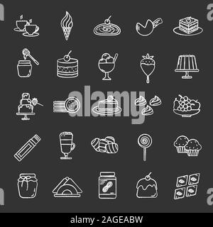 Confectionery chalk icons set. Coffee house menu. Sweets, cakes, hot drinks, desserts. Isolated vector chalkboard illustrations Stock Vector