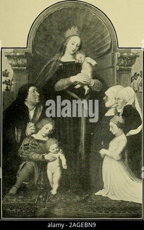 . Sketches of great painters for young people. ntlyemployed there in wall-painting, engraving, designingfor glass, and in illustrating books. He also began aseries of decorations for the Town Hall, which havebeen destroyed. In 1521 Luthers translation of theNew Testament was published, and Holbein designedthe title-page. He also designed the title-page for thesecond edition, though the work had been condemnedby the Pope. Holbein was an artist of the new faith,and his work bears upon it the spirit of the Reforma-tion. The most celebrated religious pictures painted byHolbein are the Solothum Mad Stock Photo