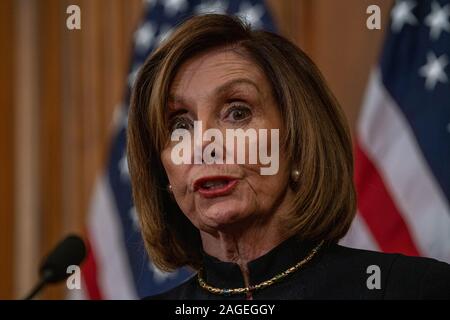 Washington, United States. 18th Dec, 2019. Speaker of the United States House of Representatives Nancy Pelosi (D-CA), speaks at a press conference after the House of Representatives voted to impeach President Donald John Trump on Capitol Hill Dec. 18, 2019, Washington DC. This is the fourth time an American President has faced impeachment. The president is accused of obstruction of Congress and abuse of power. Photo Credit: Ken Cedeno/Sipa USA Credit: Sipa USA/Alamy Live News Stock Photo