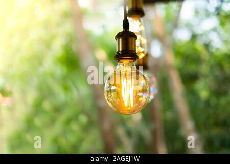 Classic retro incandescent led electric lamp warm white on blur background, Vintage light bulb Stock Photo