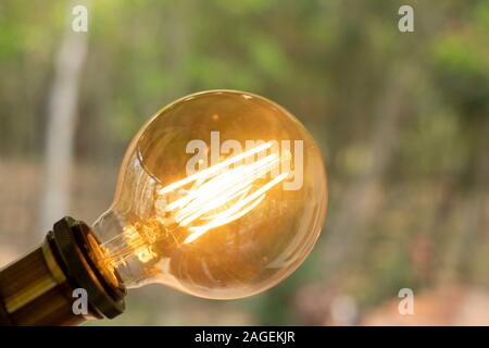 Classic retro incandescent led electric lamp warm white on blur background, Vintage light bulb Stock Photo