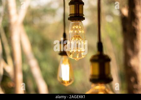 Classic retro incandescent led electric lamp warm white on blur background, Vintage light bulb Stock Photo