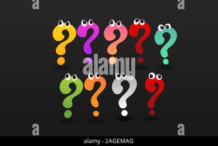Set of colorful question signs with eyes, FAQ  help. problem solve  realistic vector illustration of ask question mark, 3d shapes. Stock Vector